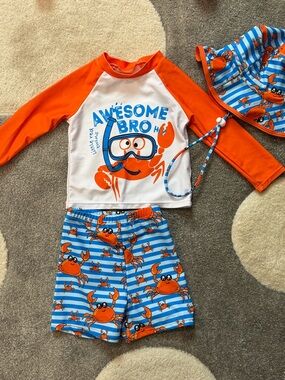 Kids Orange & White Crab Rash Guard Swim Set
